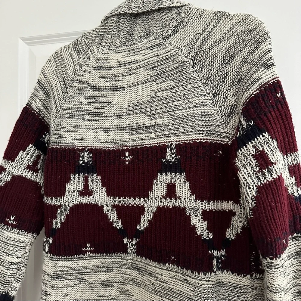Fair Isle Fall Grey & Burgundy Open Front Oversized Cardigan Sweater
